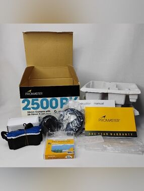 (NO CAMERA) Promaster 2500PK 35mm Super Zoom Box + Strap Lens Cap Eyepiece Cover